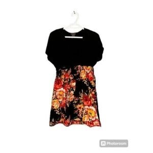 Fire Floral V Neck Stretch Band Waist Dress